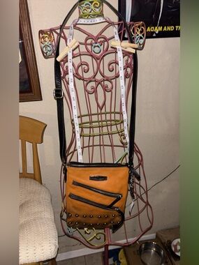 Leather Crossbody Bag with Stud and Zipper Detail - Tan/Black Harley Davidson